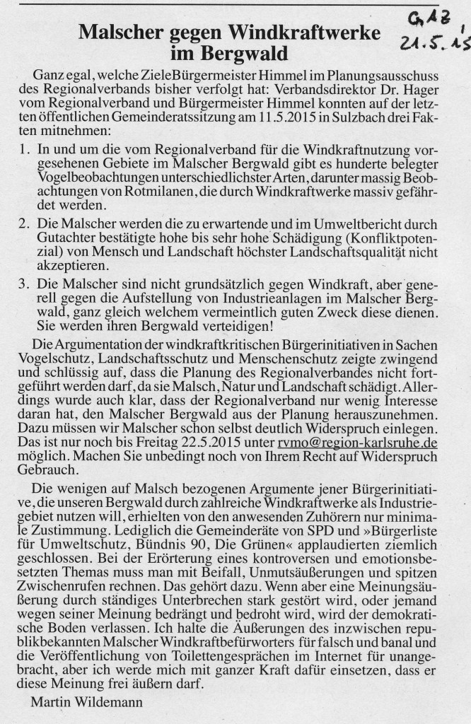 Leserbrief-Malscher gegen Windkraftwerke im Bergwald