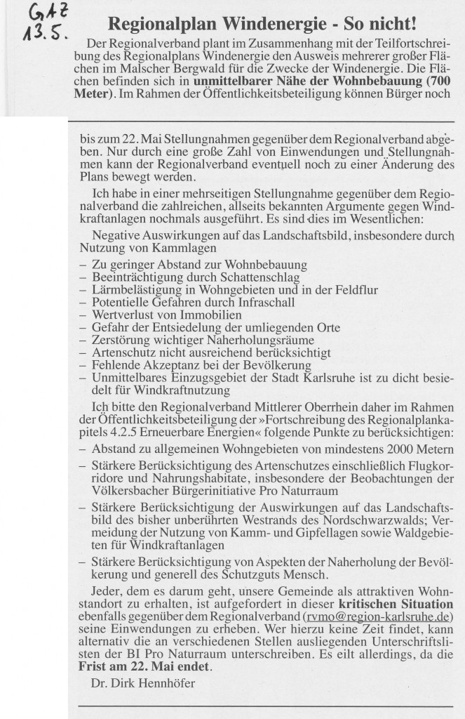 Regionalplan Windenergie - So nicht!